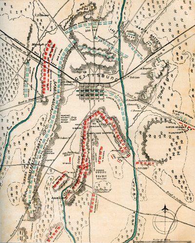 ペンシルバニア州ゲティスバーグの戦いの地図、1863 年 7 月 1 ～ 3 日、1862 ～ 1867 年。 作： Charles Sholl
