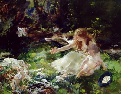 「...そして妖精たちは服を着て逃げた」（帆布に油彩） 作： Charles Sims