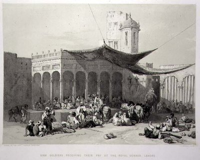 パンジャブ州ジェームス・ダフィールド・ハーディング（1798-1863）が彫刻した『インドの回想』の第12版、ラホールの王宮祭壇で給料を受け取るシーク教徒の兵士たち。 作： Charles Stewart (after) Hardinge