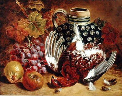 ぶどう、りんご、ライチョウの死骸と青い水差しの静物画（油彩・キャンバス） 作： Charles Thomas Bale