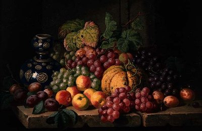 果物と青い花瓶のある静物（油彩・キャンバス） 作： Charles Thomas Bale