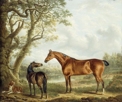 広大な景観の中のハンターとスパニエル、1827年 作： Charles Towne