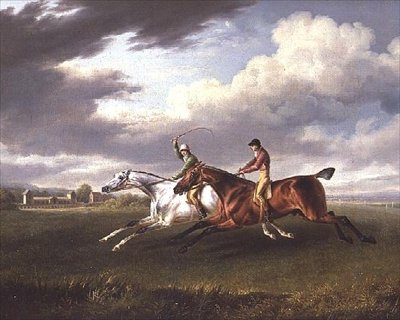 騎手を乗せた2頭の競走馬が運動している風景（油彩・キャンバス 作： Charles Towne