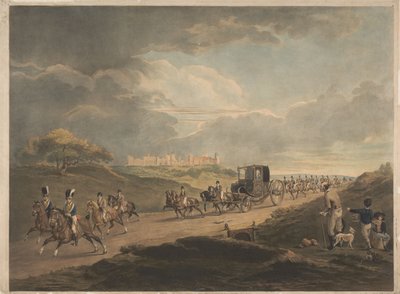 ウィンザーから町へ戻る途中、旅行用馬車に乗った陛下 作： Charles Turner