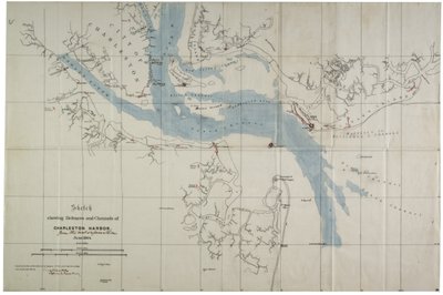 1864年6月、チャールストンハーバーの防御と水路を示すスケッチ（油布のインク） 作： Charles V. Bartelle