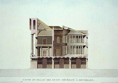 ブリュッセルのパレ・デ・エタッツ・ジェネラルの断面図、ピエール・ジャック・ゲトゲトビュール著「Choix des Monuments, Edifices et Maisons les plus remarquables du Royaume des Pays-Bas」（1827年発行）より（アクアチント）（189230も参照 作： Charles Vander Straeten