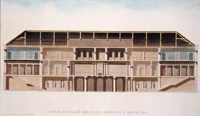 ブリュッセルのパレ・デ・エタッツ・ジェネラルの断面図、ピエール・ジャック・ゴエッヘビュール著「Choix des Monuments, Edifices et Maisons les plus remarquables du Royaume des Pays-Bas」（1827年発行）より（アクアチント）（189231も参照 作： Charles Vander Straeten