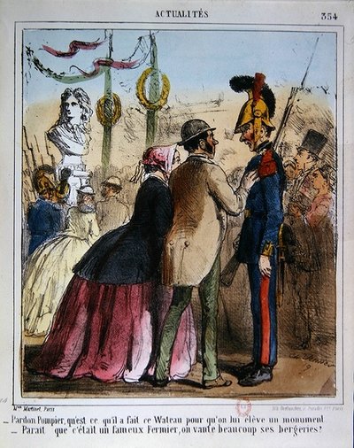 ワトーの記念像を建てることを揶揄する漫画、1870年頃（カラーリトグラフ） 作： Charles Vernier