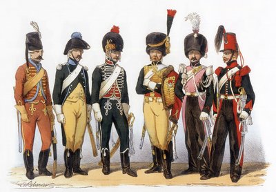 フランス軍のコスチューム：槍騎兵：1745年狩猟兵（ルイ15世時代）、1785年ルイ16世時代、1794年共和制時代、1810年皇帝親衛隊（第一帝政時代）、1824年王宮親衛隊（王政復古時代）、1840年シャルル・ヴェルニエ（1831～1887年）の作図。 作： Charles Vernier