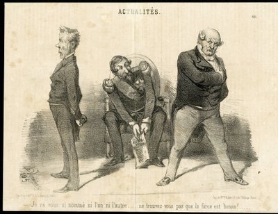 シャルル・ヴェルニエ(？-1887)が「ル・シャリヴァリ」に描いたイラスト - 共和国大統領、大臣、肘掛け椅子（権力の象徴） - ナポレオン3世、バロット・オディロン（1791-1873）、大臣、フォシェ・レオン（1803-1854）。 作： Charles Vernier