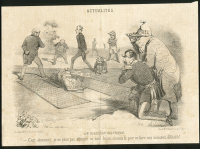 シャルル・ヴェルニエ(？-1887)が「ル・シャリヴァリ」に描いたイラスト - Un oiseleur politique - 共和国大統領、内務大臣 - ティエ・アドルフ、ナポレオン3世、フォーシェ・レオン(1803-1854) - ポートフォリオ 作： Charles Vernier