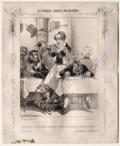 フランス人自身のスケッチ：千切りかつら、サテン帽子、1840年。 作： Charles Vernier