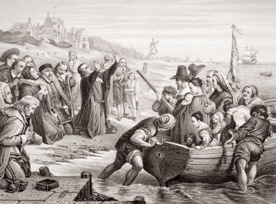 1620年7月、デルフトヘブンからの巡礼者の父親たちの出発、「英語とスコットランドの歴史の図解」第1巻（彫刻） 作： Charles West Cope