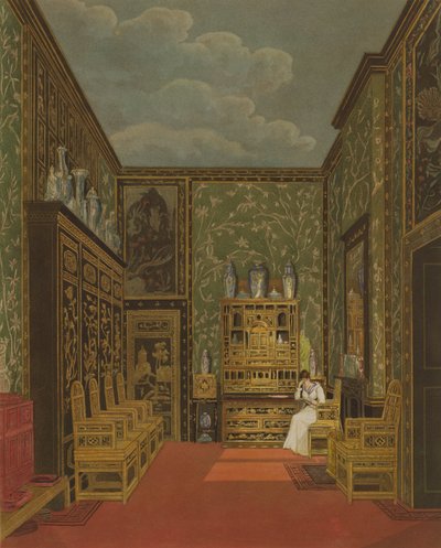 1819年に出版されたウィリアムジェームズベネット（1787-1844）によって刻まれたパインの「ロイヤルレジデンスの歴史」からフロッグモアのグリーンクローゼット 作： Charles Wild