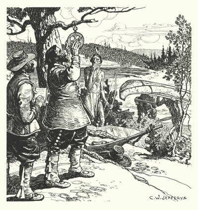 オタワ川でアストロラーベによる観測を行うシャンプラン 作： Charles William (after) Jefferys