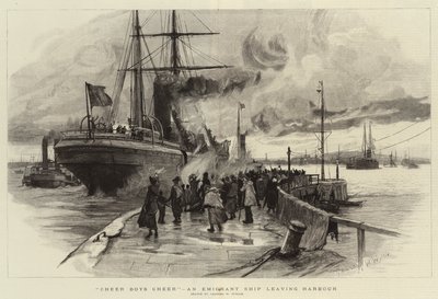 港を離れる移民船、チアボーイズチア 作： Charles William Wyllie