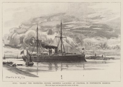 HMSブレイク、保護された巡洋艦は最近ポーツマス港のチャタムで進水しました 作： Charles William Wyllie