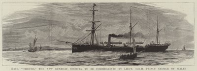 HMSスラッシュ、間もなくHRHプリンスジョージオブウェールズ中尉が就任する新しい砲艦 作： Charles William Wyllie