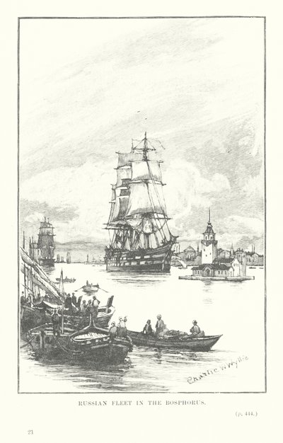 ボスポラス海峡のロシア艦隊（リトグラフ） 作： Charles William Wyllie