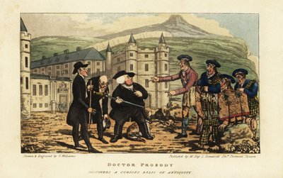 エジンバラのホリールード宮殿の前で、イギリス人観光客に錆びた古代のファルキオンの剣がアンドレア・フェラーラの近代的な刃であることを伝えるスコットランド人の石工 作： Charles Williams