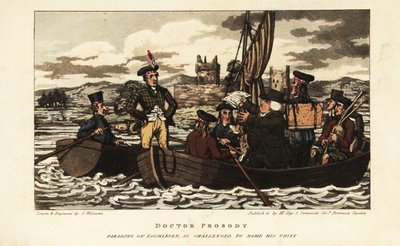 スコットランドのハイランド地方にあるLoch Levenでセーリングするイギリス人観光客とタータンチェックのジャケットを着たスコットランド人 作： Charles Williams