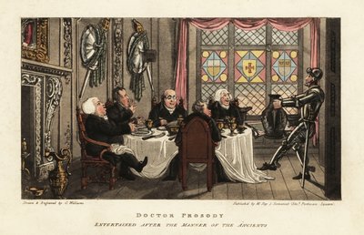 スコットランドの中世のバロニアル様式の部屋で食事をするイギリス人観光客 作： Charles Williams