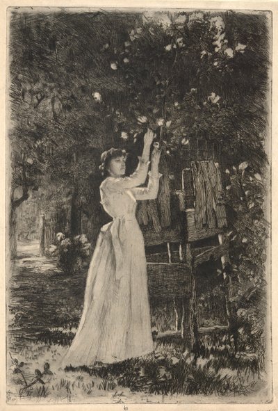 木から花を摘む若い女性 作： Charles Yardley Turner