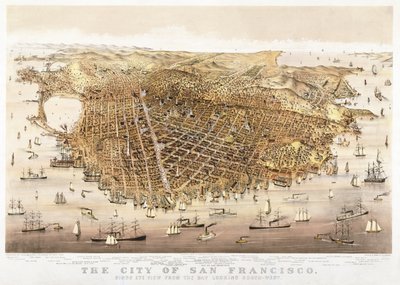 サンフランシスコ市、南西に見える湾からの鳥瞰図、Currier＆Ives刊 作： Charles Richard Parsons