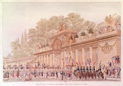 結婚式当日の皇帝と皇后両陛下のチュイルリー庭園への入場（カラー彫刻） 作： Charles and Fontaine Percier