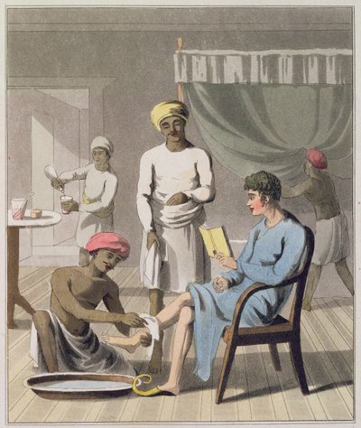 「インドのヨーロッパ人」のヘッドベアラーと他の使用人が参加した紳士用ドレッシング、プレート4、1813年発行（手塗りのアクアチント） 作： Charles d Oyly
