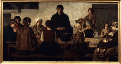 食卓で祈りを捧げるベネディクト一家。絵画 シャルル・グルーdit Degroux（1825-1870）（ec.belg.）1860年日。0.78x1.51 m パリ、オルセー美術館 作： Charles de  Groux