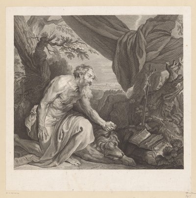 眠っているライオンと十字架を持つジェローム 作： Charles de Beauvais (rejected attribution)