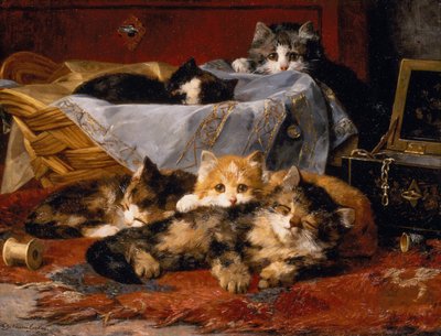 裁縫かごのそばの子猫 (キャンバスに油彩) 作： Charles van den Eycken