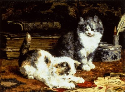 机の上で遊ぶ 2 匹の子猫 作： Charles van den Eycken