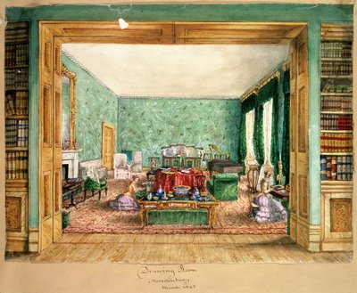 ミーズデンベリーの応接室、f13、An Album of Interiors、1843年（紙、トイレ） 作： Charlotte Bosanquet