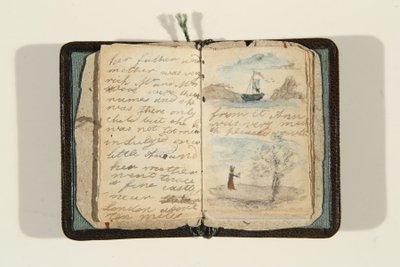 物語の始まり「昔、小さな女の子がいました、そして彼女の名前はアネでした」1828年頃（紙にペンとインク、水彩画 作： Charlotte Bronte