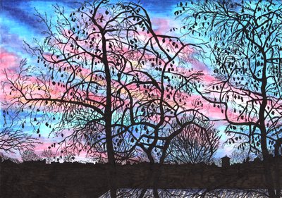 ベルリンのバルコニーからの夕日、2020年（筆ペン） 作： Charlotte Orr