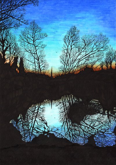 セントメアリーズフィールドの夕日、2020年（紙に筆ペン） 作： Charlotte Orr