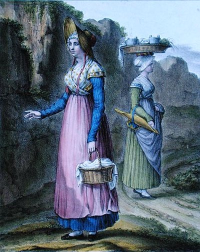 リヨン地方の農民娘たち、「衣装の組曲」よりプレート2、1845年頃（カラーリトグラフ） 作： Charpentier