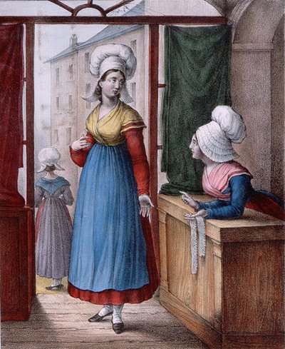 ノルマンディー、アヴランシュの町の女性たち、「衣装の組曲」のプレート、1845年頃（カラーリトグラフ） 作： Charpentier