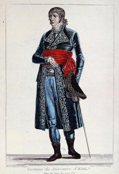 1800年頃、フランス第一共和国の領事館時代（1799年〜1804年）の国務長官の衣装（彩色済みエングレービング） 作： Chataignier Chataignier