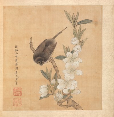 古代の巨匠の後の絵画：鳥と桃の花の枝、1598-1652。 作： Chen Hongshou