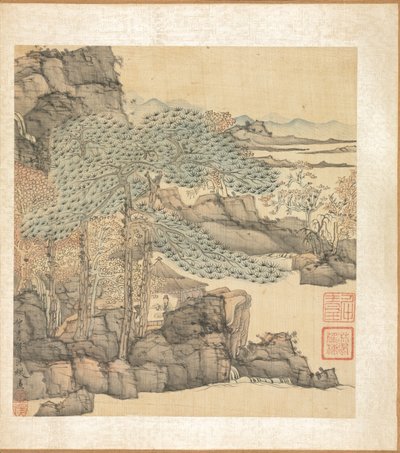 古代の巨匠の後の絵画: 滝のそばの茅葺き小屋で読書する学者 作： Chen Hongshou