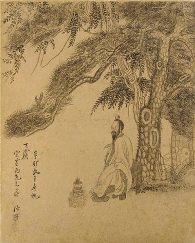 松の下でエリクサーを準備する、清朝、1651年（金の紙にインク） 作： Chen Hongshou