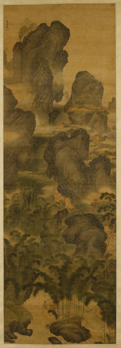 そびえ立つ山々と幻想的な滝、1600年頃（シルクにインクと色） 作： Chenglong Zhang
