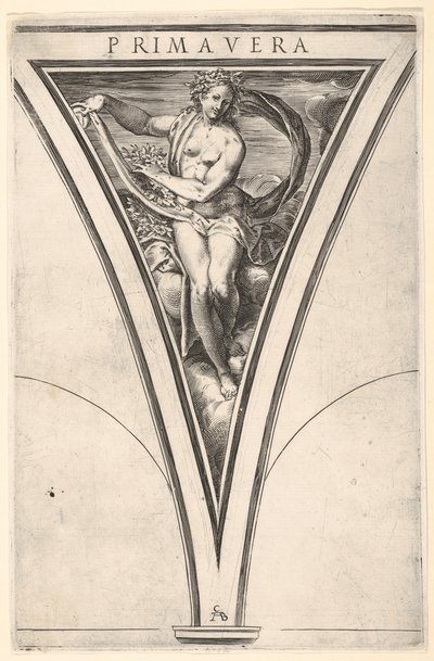 春のプリマベーラは、うねるドレープと花輪を身に着けた女性として表されます..., ca. 1570-1615。 作： Cherubino Alberti