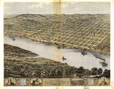カンザス州レブンワース市の鳥瞰図、1869 年 作： Chicago Lithographing Co.