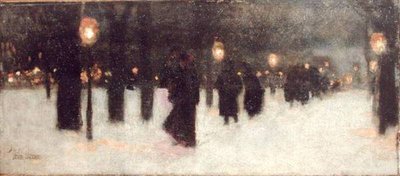 冬の夜にコモンを横切って、1885〜86年頃（パネルに油彩） 作： Childe Frederick Hassam