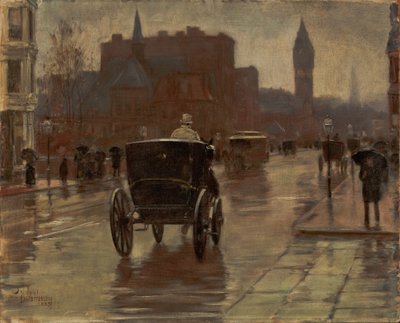 コロンバス アベニュー、雨の日 作： Childe Frederick Hassam