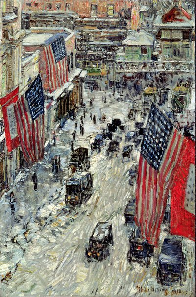 57丁目の旗、1918年冬（リネンに油彩） 作： Childe Frederick Hassam